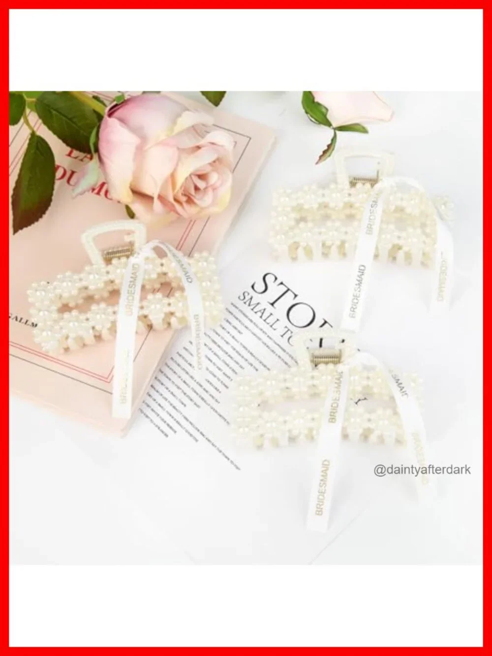 8 Pack Pearl Bridesmaid Hair Claw Clips with Ribbon Large Hair Accessories